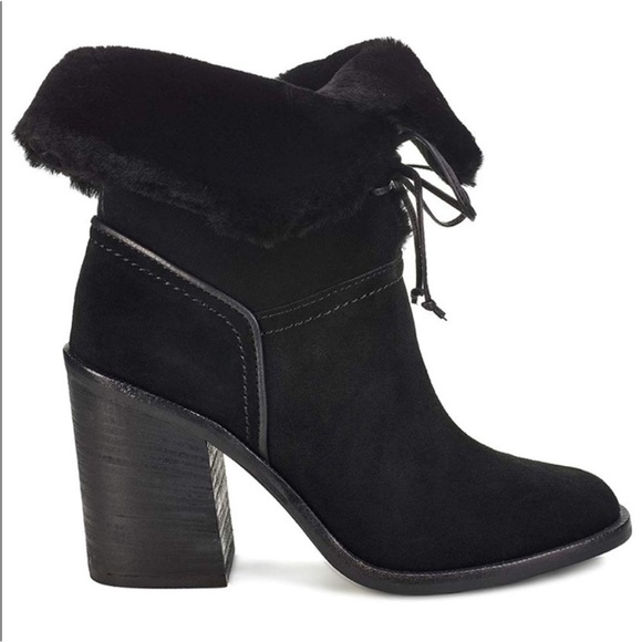 UGG|| Jerene Genuine Shearling Black Suede Block Heel Fold Over Boots Size 10 - Picture 2 of 11
